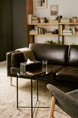 Empty therapy office showing modern black leather sofa and round table with tissue box and glass of water, bookshelf with books in background, representing psychology session setting © AnnaStills