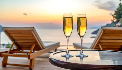 Two Champagne Glasses with Deck Chairs at Sunset Over the Ocean, Symbolizing Luxury Vacation and Romance.