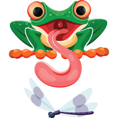 Vibrant Green Tree Frog with Wide Open Mouth and Long Pink Tongue Sticking Out Lunging Towards a Delicate Dragonfly on a Transparent Background