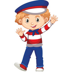 Whimsical Cartoon Boy Wearing A Sailor Hat And Striped Sweater With Blue Pants Waving Hello In A Playful Pose Isolated On White Background