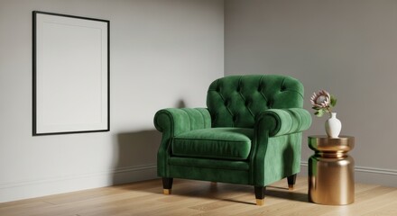 Elegant green velvet armchair with a stylish gold side table and minimalist wall art in a modern