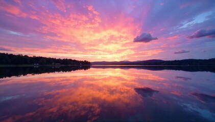 Naklejka premium A serene lake at sunset, reflecting vibrant orange, pink, and purple hues, capturing the tranquil beauty of a summer evening. A serene lake perfectly reflecting a spectacular summer sunset. The water