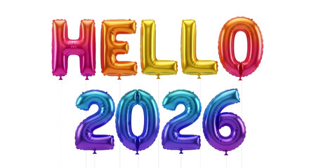 Colorful metallic 'hello 2026' balloons for new year greeting.