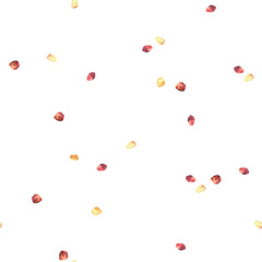 Chili pepper seeds watercolor seamless pattern. Hand drawn red and yellow botanical print. Chaotically scattered polka dot spicy spices design isolated from background illustration for fabric, textile