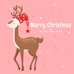 Vector illustration with cute hand drawn deer in Santa hat and lettering Merry Christmas and Happy New Year isolated on pink background. Holiday animal design for print, card, poster