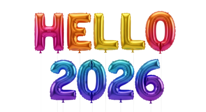 Colorful metallic 'hello 2026' balloons for new year greeting.