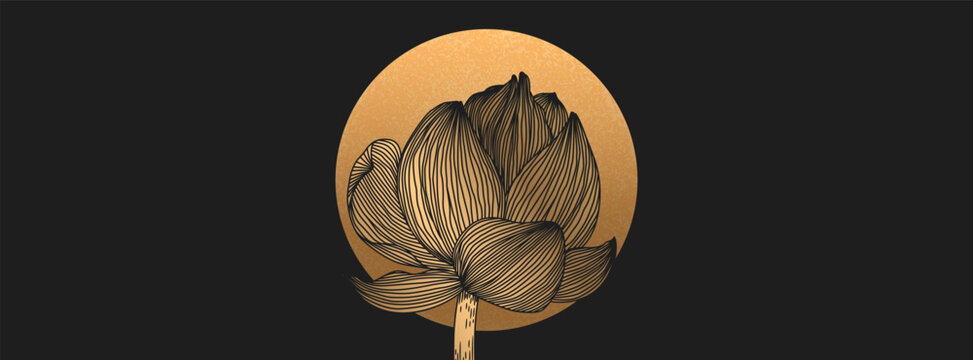Vector luxury abstract illustration with gold hand drawn linear lotus flower and moon isolated on black background. Elegant art deco design for web banner, print, wallpaper, card, invitation - Powered by Adobe