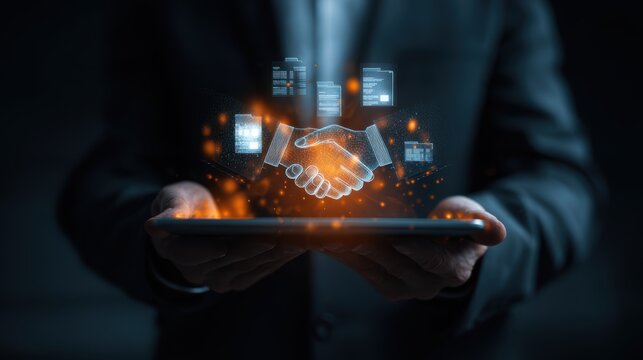Digital handshake on tablet represents modern business agreements contracts and secure collaborations in online environment - Powered by Adobe