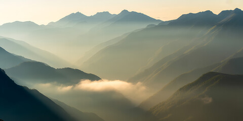 Breathtaking mountain range shrouded in ethereal fog, creating a serene and majestic landscape perfect for travel, adventure, or inspiring nature photography projects, showcasing rugged beauty