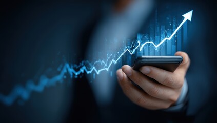 Businessperson uses smartphone to check rising financial graphs and charts showing positive growth and success in the stock market