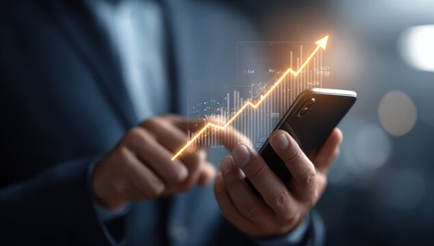 Business person analyzes financial growth trends on mobile technology for investment and profit increase