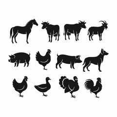 Domestic and Farm Animal Black Silhouettes Set