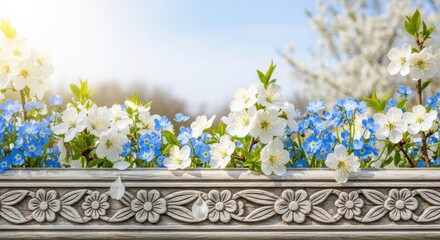 Spring Awakening White Cherry Blossoms and Blue Nemophila Flowers in a Decorative Planter, White flowers, Blue flowers, Forget-me-nots