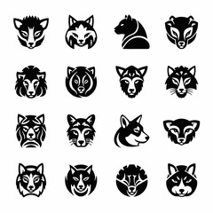 Fototapeta premium Black and White Wild Animal Heads and Faces Silhouettes Set
