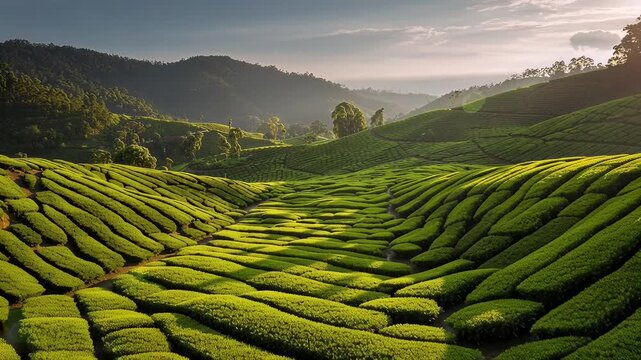 Lush Green Tea Plantation Landscape with Rolling Hills at Sunrise