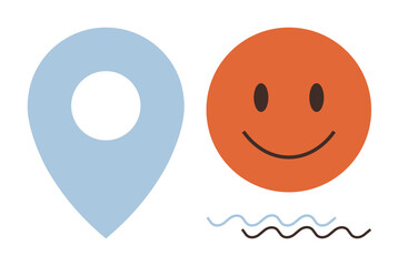 Orange happy face next to blue map pin with wavy lines underneath, representing optimism, guidance, location, happiness, travel, navigation, and simplicity. Ideal for wellness maps communication
