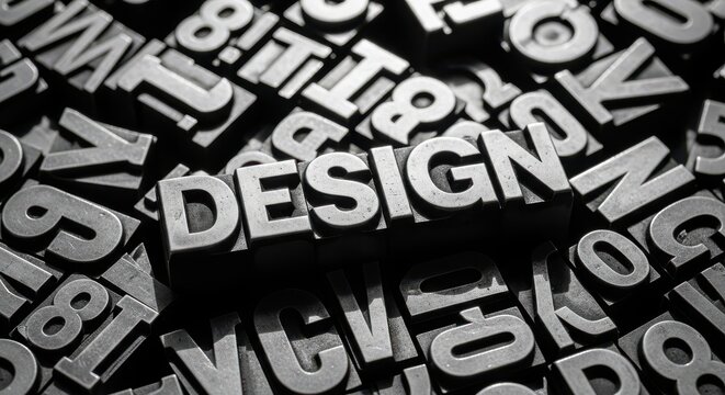 A closeup of vintage metal letterpress type blocks spelling out the word design amidst a chaotic pile of other letters and numbers, evoking creativity, typography, and graphic arts - Powered by Adobe