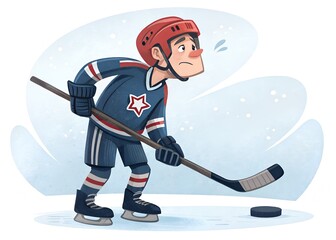 Male hockey player in uniform holding a stick, cartoon style on white background. Concept of competitive winter sport.