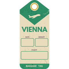 Vintage Style Luggage Tag For Vienna With Airplane Graphic And Blank Fields For Date Weight And Flight On A Transparent Background