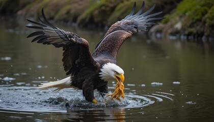 Majestic Bald Eagle Portrait Catching Prey in River Captured in Stunning Wildlife Action Photography Wallpaper