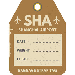 Vintage Style Shanghai Airport Baggage Strap Tag with Date Weight and Flight Information Boxes in Textured Brown and Beige Colors