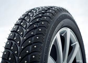 Close up of a spiked winter tire for car safety. Vehicle wheel with stud for driving on ice and snow. Cold season concept.