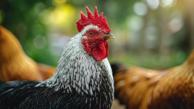 Majestic rooster with black and white feathers stands among farm chickens outdoors