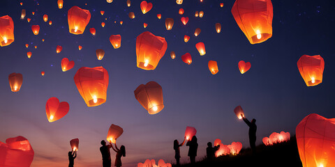 Experience the magic of love and hope as families release stunning heart-shaped sky lanterns into the twilight, celebrating togetherness and creating unforgettable moments of joy and wonder