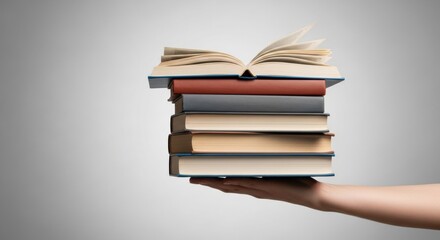 Fototapeta premium Stack of Books Held in Hand, Open Book on Top, Pile, Holding, Reading