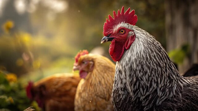 Majestic rooster with hens on a farm vibrant colors natural setting