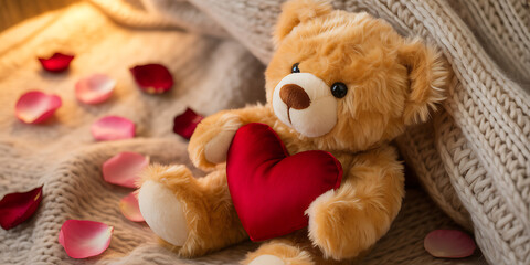 Adorable teddy bear holding a red heart surrounded by delicate rose petals, a symbol of love, affection, and heartfelt emotions for Valentine's Day or cherished moments