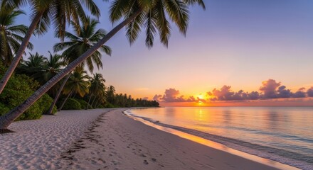 Fototapeta premium Tropical Paradise Sunset Over Serene Beach, Palm trees, Ocean, Sea