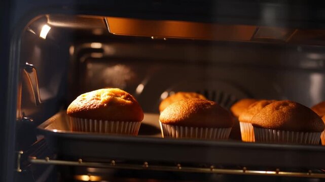 Freshly baked muffins inside the oven, emitting a warm, appetizing aroma, ready to be enjoyed Stock Video
