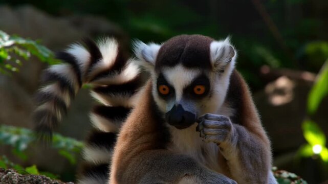 A ring-tailed lemur resting on branch looking at the camera Stock Video
