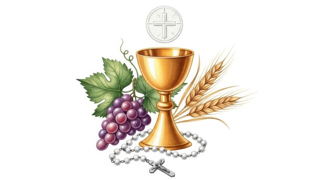 First Communion Symbols - Chalice, Host, Grapes, Wheat, and Rosary, Eucharist, Holy communion, Mass