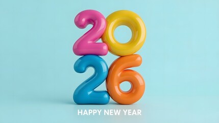Vibrant 3D Stacked '2026' Numbers with Happy New Year Greeting on a Pastel Blue Background