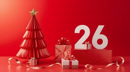 Elegant Christmas Holiday Scene with Red Origami Tree, Gift Boxes, and Large White Number 26 on a Red Background
