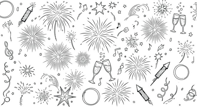 Festive fireworks celebration with champagne and confetti pattern - Powered by Adobe