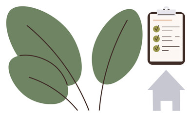 Green leaves and a checklist with check marks alongside a house icon. Ideal for eco-friendly lifestyle, sustainability, green initiatives, nature conservation, home organization, planning, simple