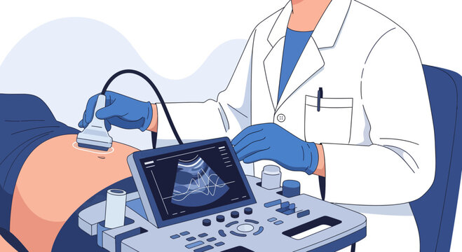 Medical Professional Performs Ultrasound Procedure on Patient For Prenatal Assessment