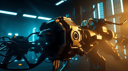 A cinematic, ultra-realistic representation of next-generation technology, showcasing a dynamic interplay of light and shadow on complex technological forms