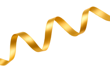 Luxurious golden satin ribbon with swirling curves and refined twists, isolated against a transparent PNG backdrop.
