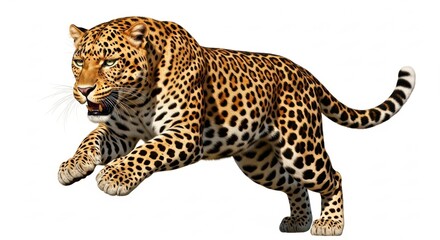 Fierce Leopard Mid-Leap on White Background, Jaguar, Big cat, Wild animal