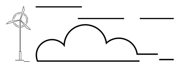Minimalist wind turbine next to a cloud with horizontal motion lines. Ideal for energy, sustainability, environment, clean power, innovation, eco-friendliness, renewable energy. Simple flat metaphor