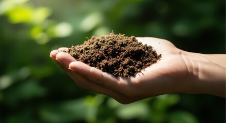 Hand holding a handful of rich, dark soil with visible roots against a blurred green natural background, symbolizing growth, nurture, and connection to the earth