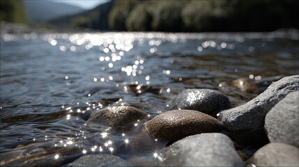 Obraz premium River water sparkles on smooth stones in peaceful natural setting