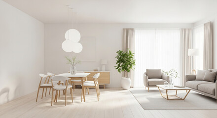Bright and spacious living and dining room with minimalist decor and neutral color palette