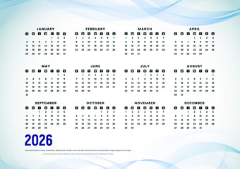 Abstract blue Waves Calendar 2026 year. Sunday first, two weekends. Simple calender layout. Desk planner template with 12 months. Yearly diary