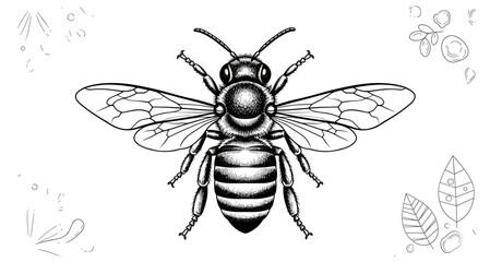 Bee and botanical illustration in black and white line art showing detailed wings, body segments, leaves, berries, and natural elements