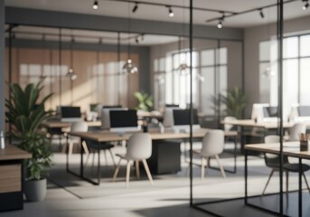 Blurred contemporary coworking interior room with shared desk and glass partition